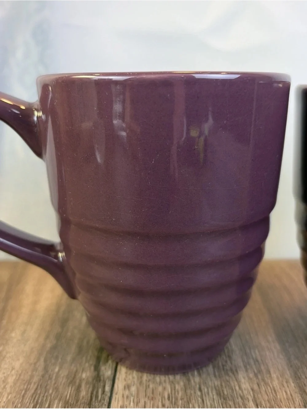 Set of 2 Pier 1 One Imports Grape Purple Ribbed Stone Ware Coffee Cups Mugs